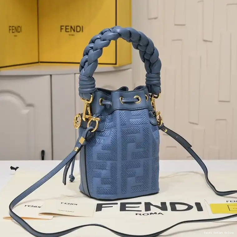 Affordable Tresor FF Handle Bucket Blue Mon In Motif Mini Canvas with Fendi Woven Bag 0414